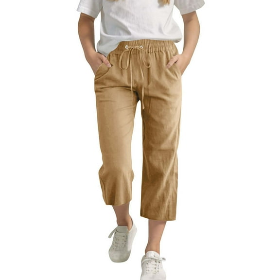 VEKDONE Girls Cotton Linen Capris Pants Elastic Waisted Drawstring Cropped Pants with Pockets Summer Loose Comfy Straight Leg Capri Pant Khaki 10 Years