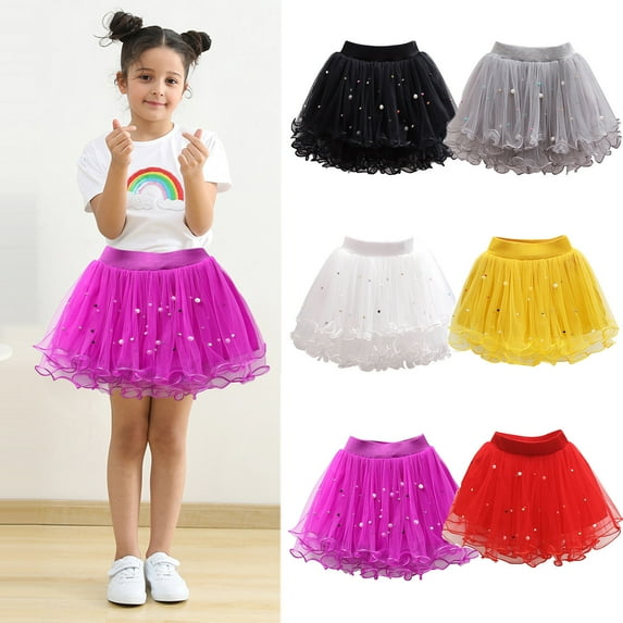 VEKDONE Little Girl's Pearl Tulle Tutu Skirts Flared Pleated Layered Mesh Skirt Party Dance Birthday Black,6Years