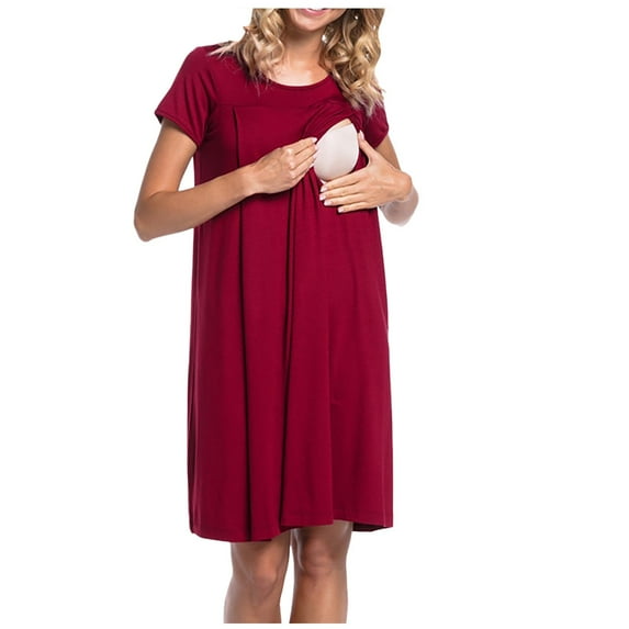 VEKDONE Clearance Maternity Nursing Dress,3 IN1 Short Sleeve Labor and Delivery Gown, Pleated Nursing Nightgown, Maternity Nightgowns for Hospital Short Breastfeeding Nightgown Wine XL