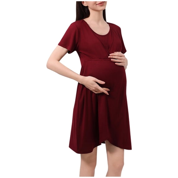 VEKDONE Clearance Nursing Nightgown Dresses, 3 In 1 Maternity Nightgown Short Sleeve Nursing Gown Breasfeeding Pregnancy Sleepwear Delivery Dress Wine L