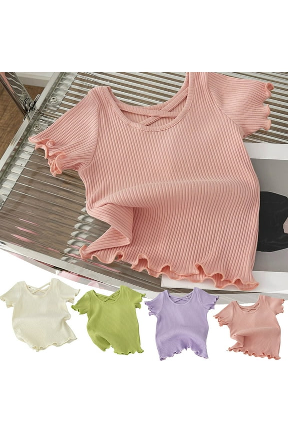 Solid Color Ruffle Hem Short Sleeve Tops for Girls Cross of Back Crew Neck Pullover Tops Trendy Knitted Textured Blouses 2026 White,8Y
