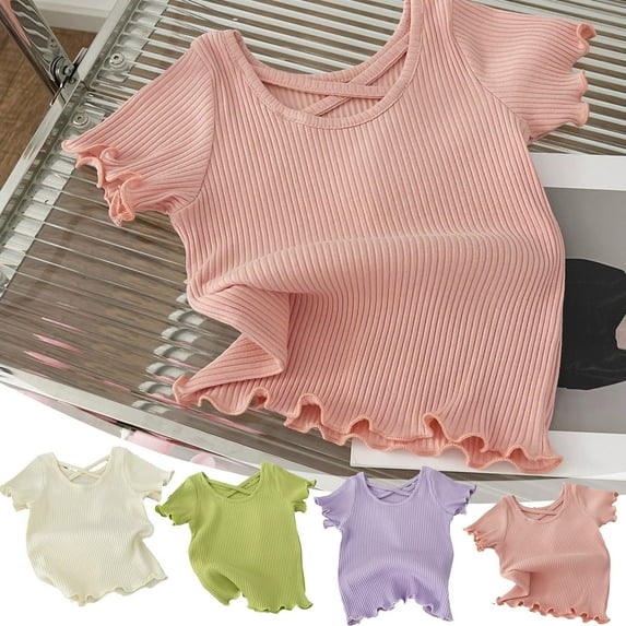 VEKDONE Solid Color Ruffle Hem Short Sleeve Tops for Girls Cross of Back Crew Neck Pullover Tops Trendy Knitted Textured Blouses May Gift for Child White,2Y