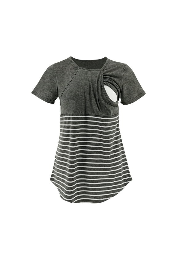 Stripe Nursing Shirts for Women Short Sleeve Crewneck Maternity Tops Double Laye Breastfeeding Tees Casual Stretchy Loose Pregnancy Clothes Camisa de Maternidad Gray XXXL
