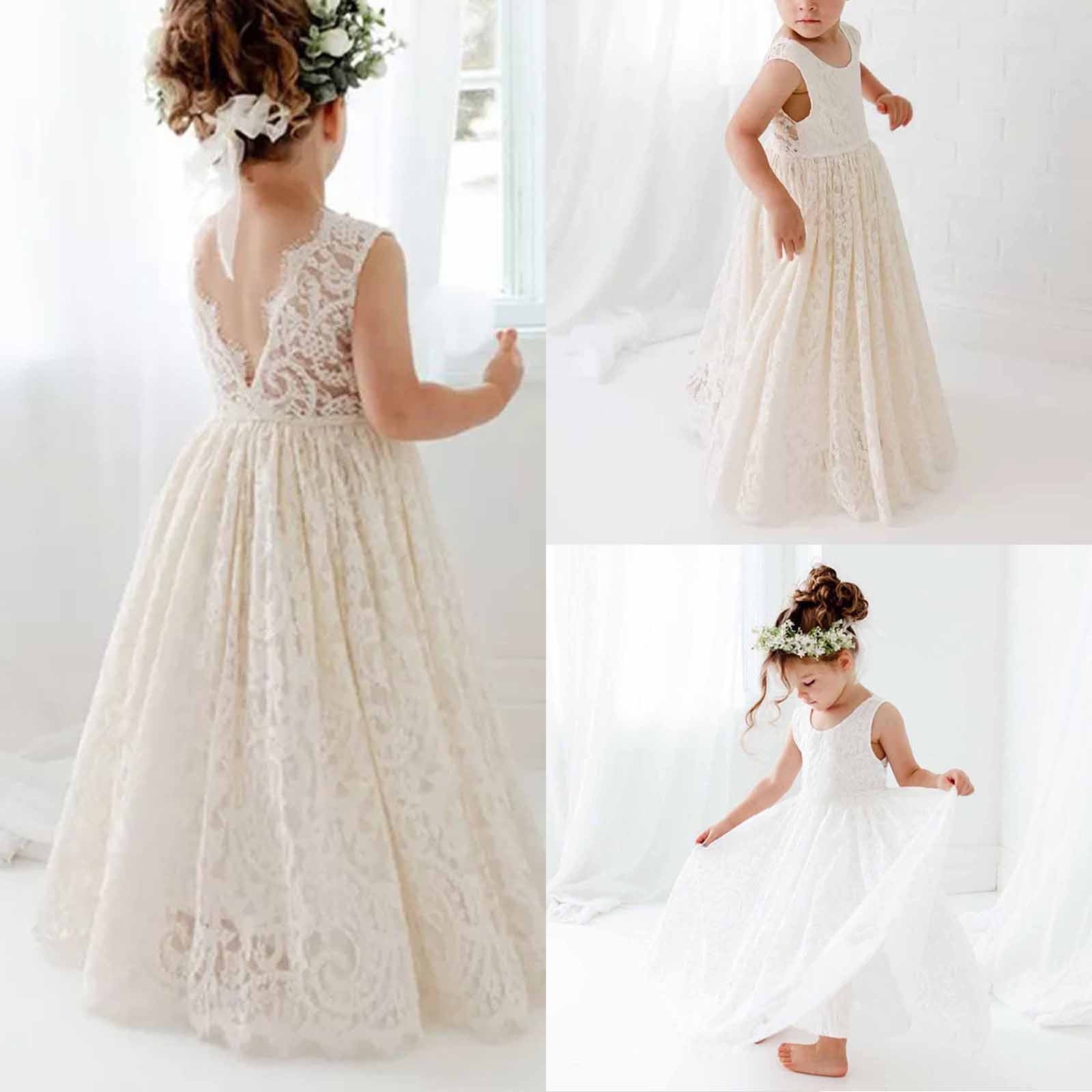 VEKDONE Clearance Toddler Baby Girls Lace Dresses Flower Girls Sleeveless V-Back Pleated Princess Dress Little Girl Embroidery A-Lined Tulle Dress Fall Savings Size 5-6 Years