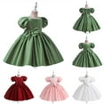 thumbnail image 1 of VEKDONE Toddler Girl Satin Dress Little Girls Puff Sleeve Pleated Dresses Summer Bowknot Fluffy Party Dress Soft Comfy Princess Dress December Gift for Baby Size 4 Years, 1 of 10