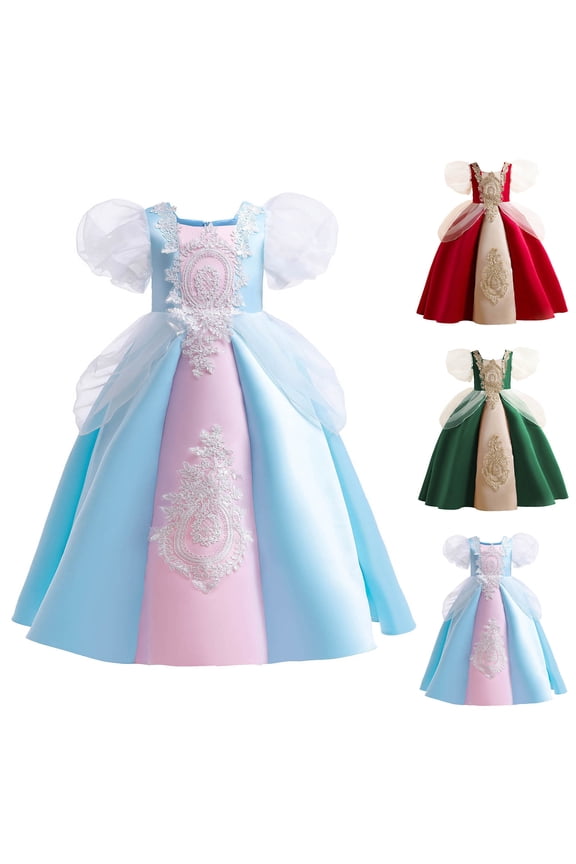 Toddler Kids Satin Tulle Dresses Flower Girl Lace Puff Sleeve Birthday Party Dress Elegant Applique Bow Ruffles Princess Dress 2025 Size 6 Years