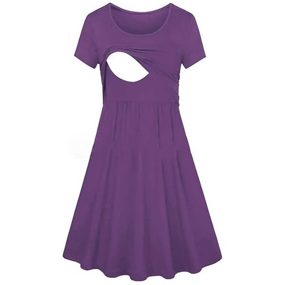 VEKDONE Women's Nursing Short Sleeve Crew Neck Summer Dress Fashion Breastfeeding Midi Dress with Pockets Maternity Clothes Knee Length Nursing Dresses Purple S