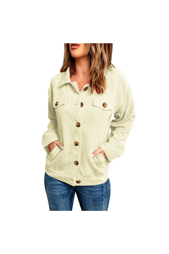 Corduroy Jacket for Women Casual Long Sleeve Flannel Coats Fall Button Down Lapel Shackets Outerwear with Pockets Solid Color Loose Fit Lounge Jackets