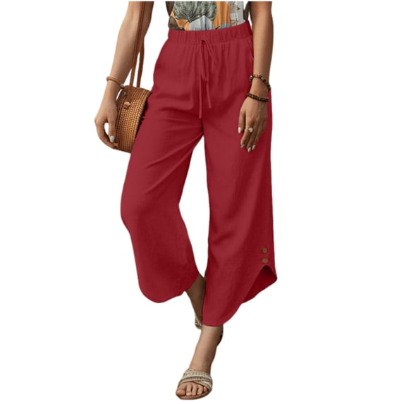 VEKDONE Cotton Ankle Pants Women Elastic High Waisted Drawstring Straight Trousers Casual Loose Fit Lightweight Long Pants with Pockets Red S