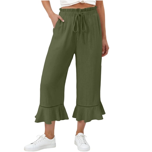 VEKDONE Cotton Capri Pants Women Summer Drawstring Elastic Waist Capris Trendy Ruffle Hem Wide Leg Pants with Pockets Army Green L