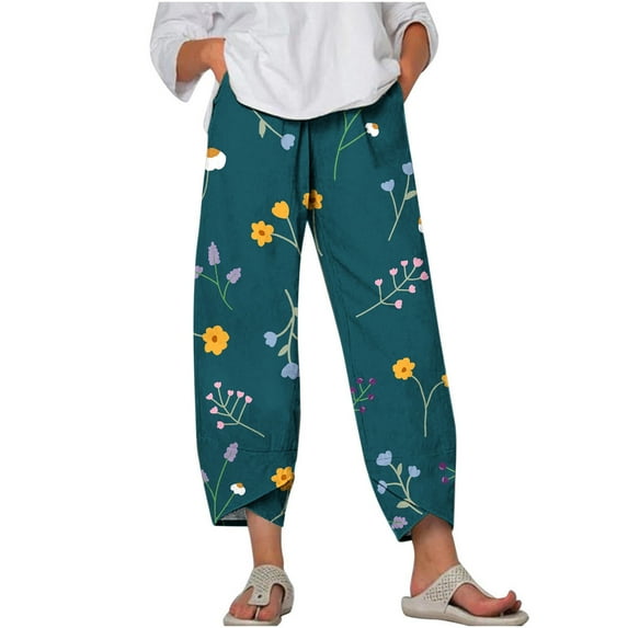 VEKDONE Cotton Linen Capri Pants for Women Flower Graphic High Waisted Tulip Straight Trousers Plus Size Loose Fit Wide Leg Pants with Pockets Green M
