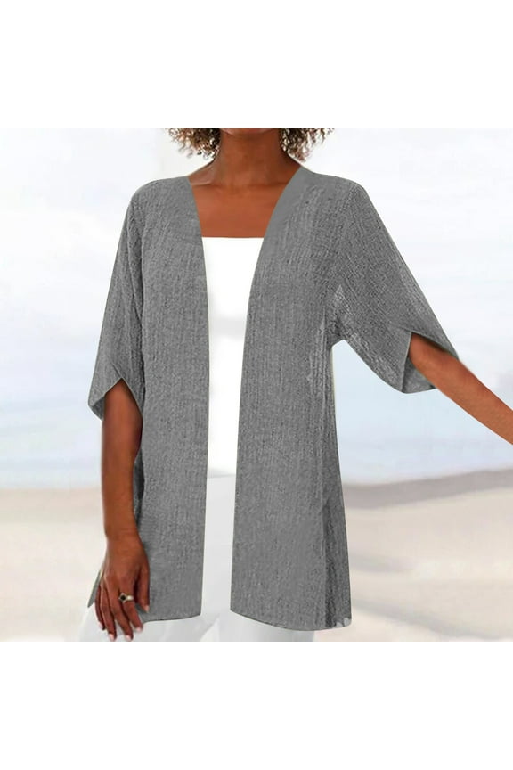 Cotton Linen Cardigan for Women Fall Half Sleeve Lightweight Cardigans Solid Color Loose Open Front Outwear Plus Size Breathable Cover Ups Capes Gray M