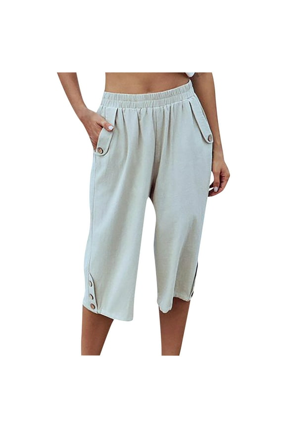 Cotton Linen Cropped Pants for Women Elastic High Waisted Wide Leg Pants Loose Fit Pleated Straight Trousers with Pockets Solid Color Button Capri Pant