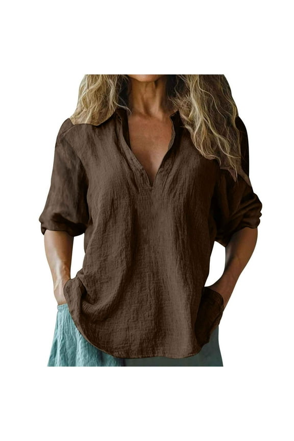 Cotton Linen Gauze Shirts for Women 3/4 Length Sleeve V Neck Tops Casual Loose Lightweight Breathable Vintage Blouse Solid Color Tunics