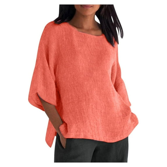 VEKDONE Cotton Linen Gauze T-shirts for Women Summer 3/4 Sleeve Crewneck Blouse Loose Fit Plus Size Peasant Shirts Solid Color Lounge Tops 2025 Prime Day Deals Today