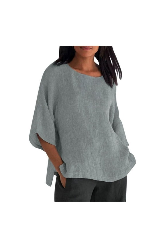 Cotton Linen Gauze T-shirts for Women Summer 3/4 Sleeve Crewneck Blouse Loose Fit Plus Size Peasant Shirts Solid Color Lounge Tops