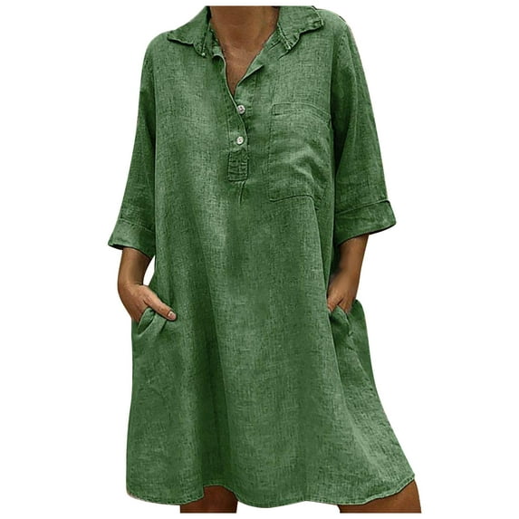 VEKDONE Cotton Linen Lounge Dress for Women Summer 3/4 Sleeve Button Lapel Dresses with Pockets Loose Fit Comfy House Dress Vacation Beach Dress Vestidos de mujer