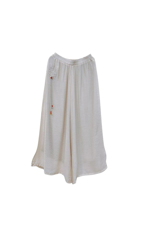 Cotton Linen Palazzo Pants for Women Solid Color Embroidery Wide Leg Pants with Pockets Summer Loose Fit Breathable Side Split Long Pants Beige M