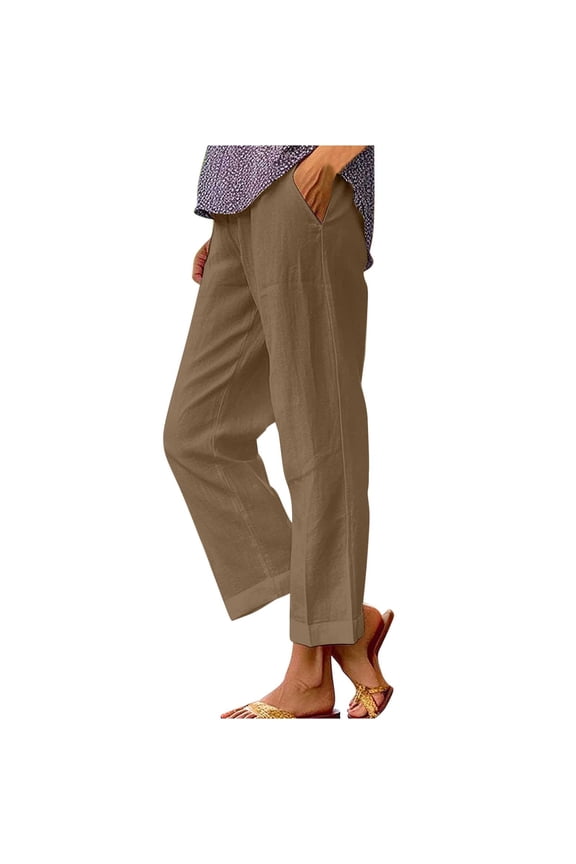 Cotton Linen Pants Women Elastic High Waist Straight Leg Lounge Pants Casual Slacks Summer Trouser with Pockets Brown L