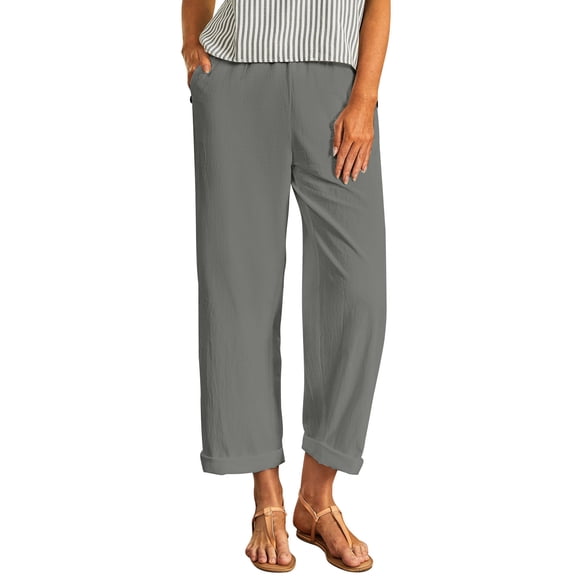 VEKDONE Cotton Linen Pants for Women High Waisted Pants Elastic Waist Pull On Trouser Comfy Lounge Trousers Work Office Pant with Pockets Gray S