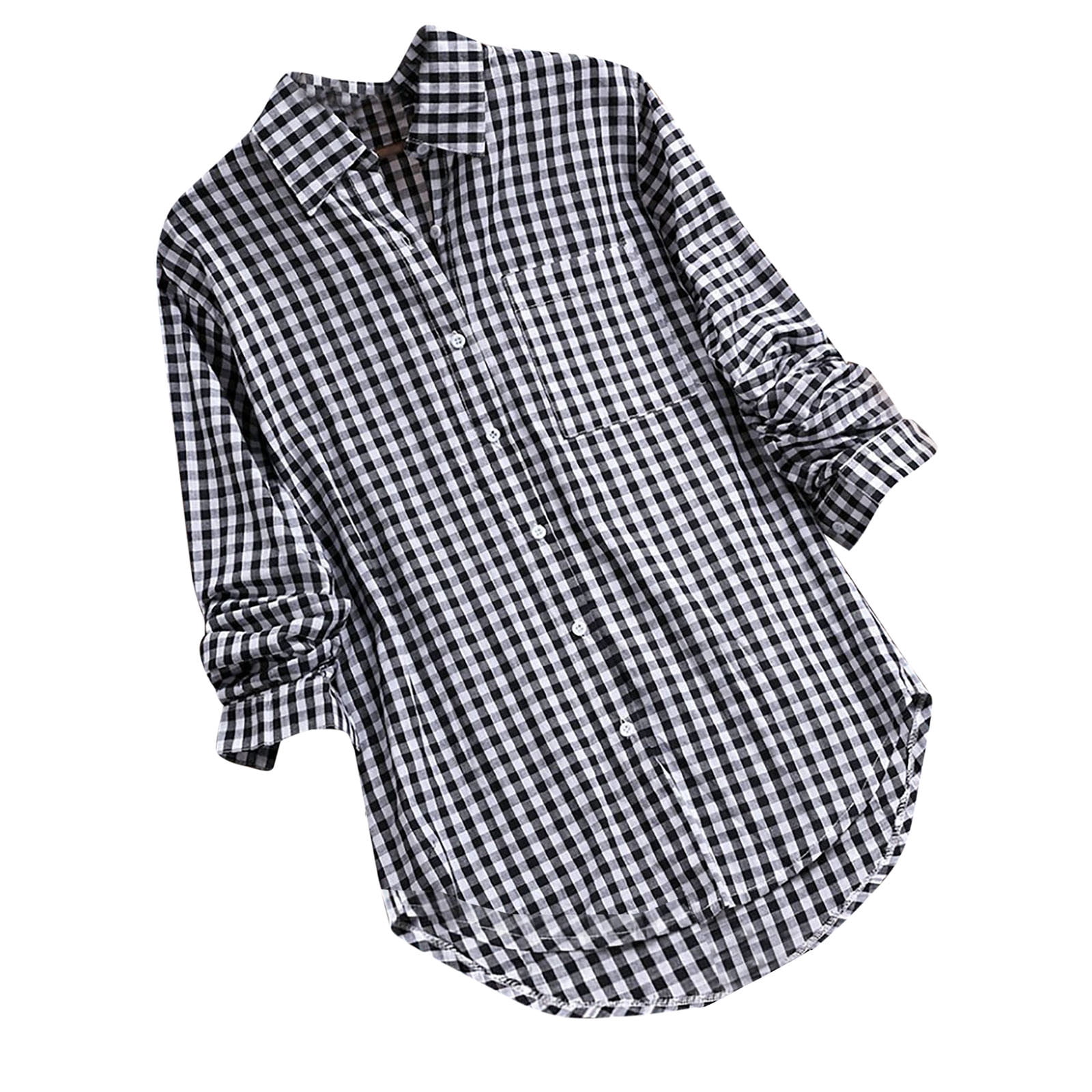 Plus Size Women Spring Plaid V-Neck 100%Cotton Shirt