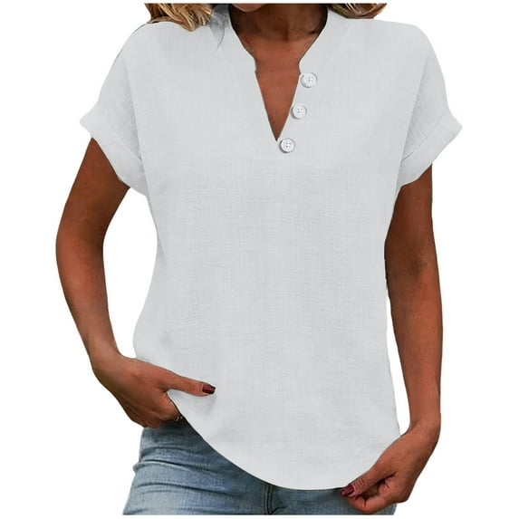 VEKDONE Cotton Linen Shirts for Women Summer Short Sleeve Button Up Blouse Solid Color Basic Lightweight Tunic Tops Casual Loose Fit Breathable Tees White L
