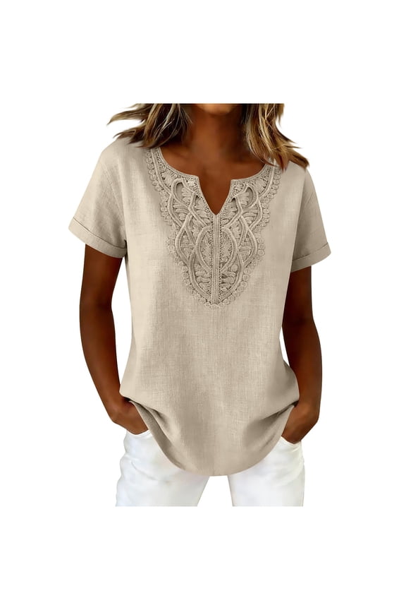 Cotton Linen Shirts for Women Short Sleeve Boho Peasant Tops Trendy Cut V Neck Embroidery Blouses Solid Color Gauze Tunic Tops Beige XL