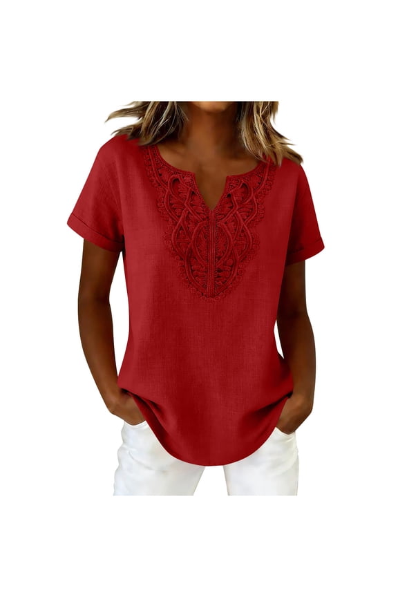 Cotton Linen Shirts for Women Short Sleeve Boho Peasant Tops Trendy Cut V Neck Embroidery Blouses Solid Color Gauze Tunic Tops Red L