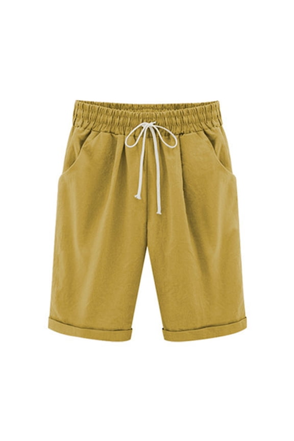 Cotton Linen Shorts for Women Elastic Waist Knee Length Shorts Loose Drawstring Lounge Shorts with Pockets Yellow XX-Large