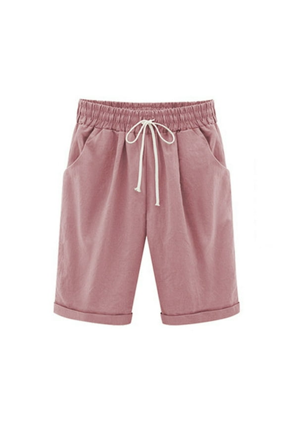 Cotton Linen Shorts for Women Elastic Waist Knee Length Shorts Loose Drawstring Lounge Shorts with Pockets