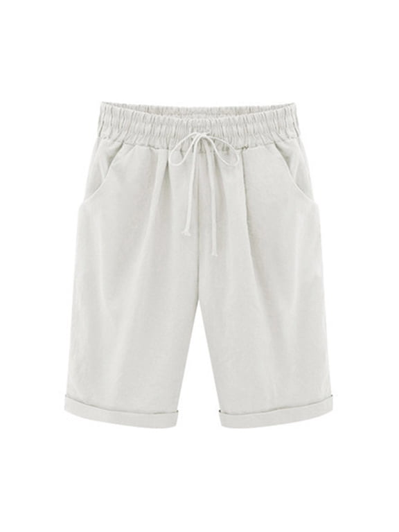 Cotton Linen Shorts for Women Elastic Waist Knee Length Shorts Loose Drawstring Lounge Shorts with Pockets