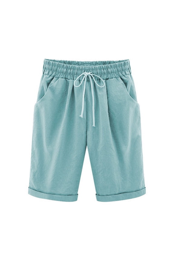 Cotton Linen Shorts for Women Elastic Waist Knee Length Shorts Loose Drawstring Lounge Shorts with Pockets