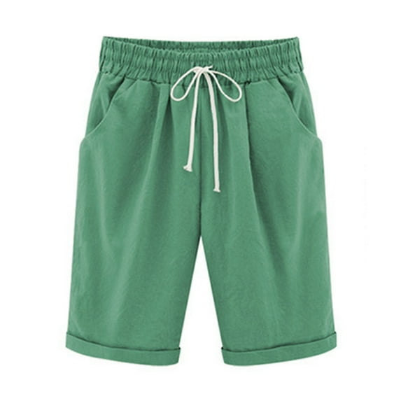 VEKDONE Cotton Linen Shorts for Women High Waisted Drawstring Short Pants Loose Fit Plus Size Casual Pants Solid Color Beach Pant with Pockets