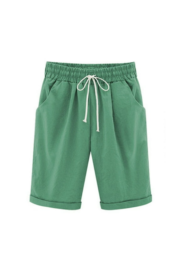 Cotton Linen Shorts for Women High Waisted Drawstring Short Pants Loose Fit Plus Size Casual Pants Solid Color Beach Pant with Pockets