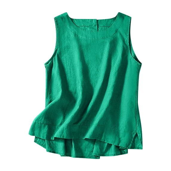 VEKDONE Cotton Linen Sleeveless Tank Tops for Women Summer Vacation Lounge Tanks Solid Color Loose Crewneck Vests Casual Flowy Ruffled Tops Green X-Large