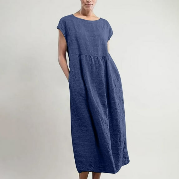 VEKDONE Cotton Linen Sundress for Women Summer Sleeveless Crewneck Long Dress Solid Plus Size Loose Fit Dresses Casual Pleated Flowy Beach Dress Navy XXXXL