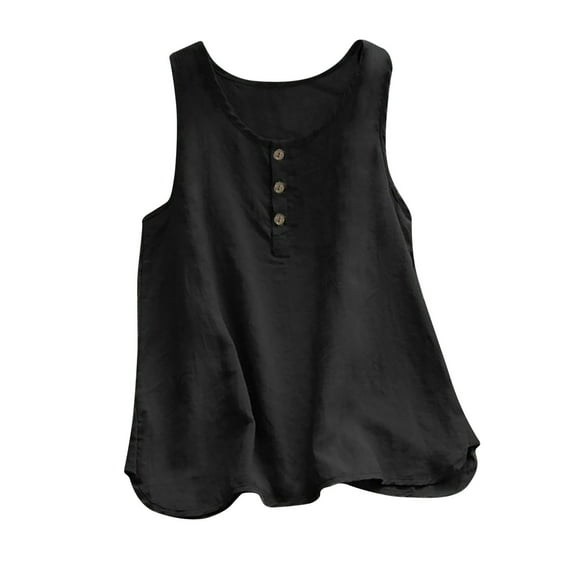 VEKDONE Cotton Linen Tank Tops for Women Plus Size Button Lounge Tanks Summer Sleeveless Loose Camisole Solid Color Crewneck Housewear Tops Black 3X-Large