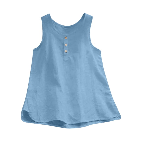 VEKDONE Cotton Linen Tank Tops for Women Plus Size Button Lounge Tanks Summer Sleeveless Loose Camisole Solid Color Crewneck Housewear Tops Blue X-Large