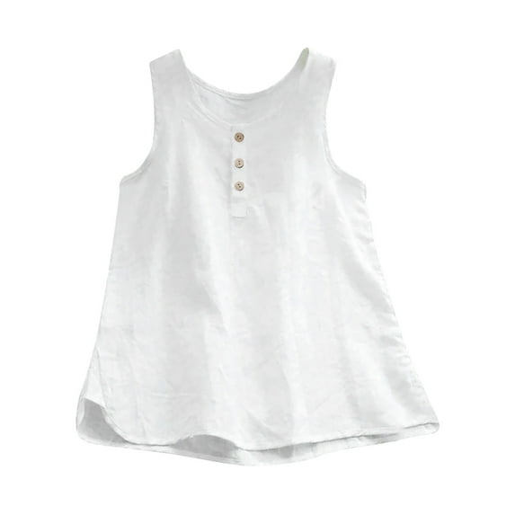 VEKDONE Cotton Linen Tank Tops for Women Plus Size Button Lounge Tanks Summer Sleeveless Loose Camisole Solid Color Crewneck Housewear Tops White XX-Large