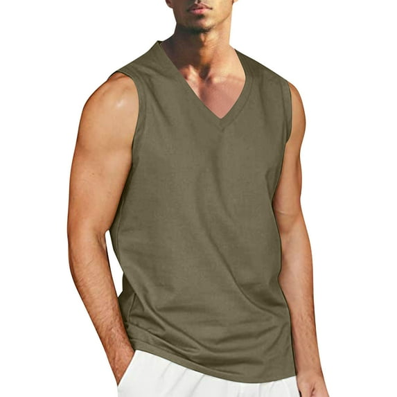 VEKDONE Cotton Linen Workout Tank Tops for Men Summer Sleeveless V-Neck Muscle Tank Top Casual Outdoor Sport Vest Solid Color Beach Vacation Blouse Deals Of The Day