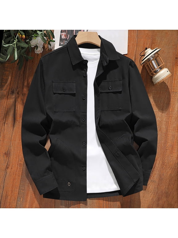 Cotton Shirt Jackets for Men Lightweight Lapel Collar Breathable Shacket Long Sleeve Button Down Multi Pockets Jackets Mid-Layer Under Heavy Coats On Autumn and Winter
