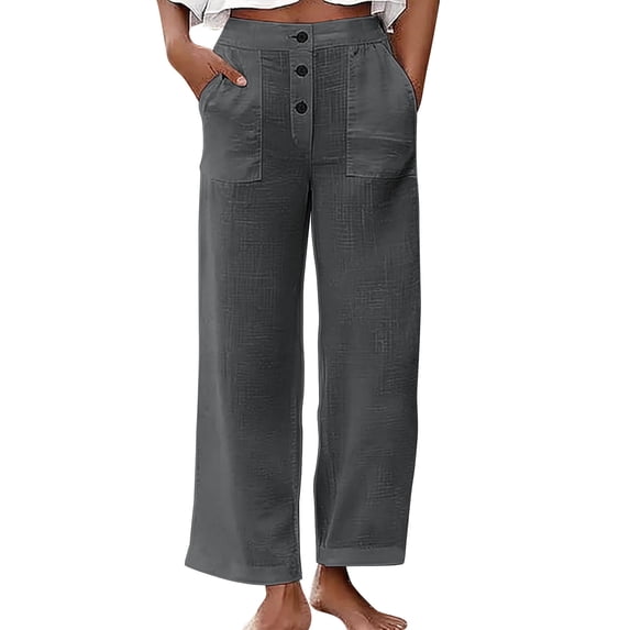 VEKDONE Cotton Straight Trousers for Women Summer Elastic Waisted Button Beach Lounge Pants Solid Color Lightweight Slacks with Pockets Dark Gray S