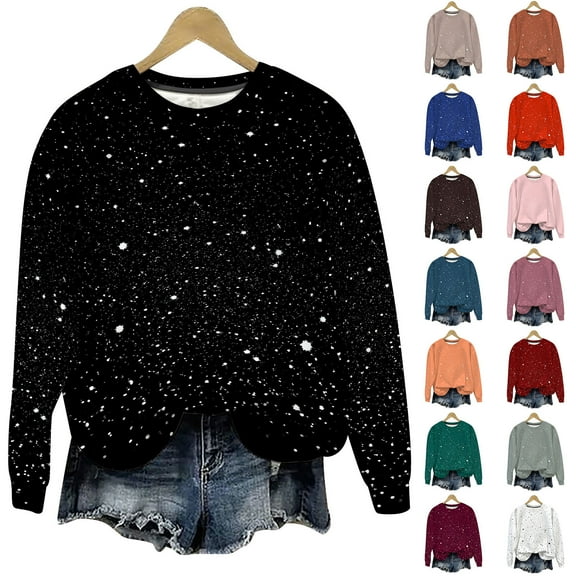 VEKDONE Crewneck Sweatshirts for Women Fashion Glitter Print Pullover Sweatshirt Fall Long Sleeve Loose Fit Blouse Y2k Sweatshirts