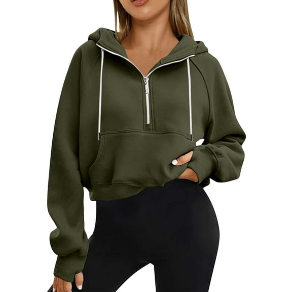 VEKDONE Cropped Hoodies for Women Half Zip Drawstring Hooded Sweatshirt with Thumb Holes Fall Winter Long Sleeve Thin Fleece Pullover Top Solid Color Cute Blouse with Pockets Green S
