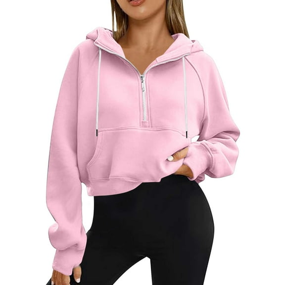 VEKDONE Cropped Hoodies for Women Half Zip Drawstring Hooded Sweatshirt with Thumb Holes Fall Winter Long Sleeve Thin Fleece Pullover Top Teen Girl Solid Color Cute Blouse with Pockets Pink L