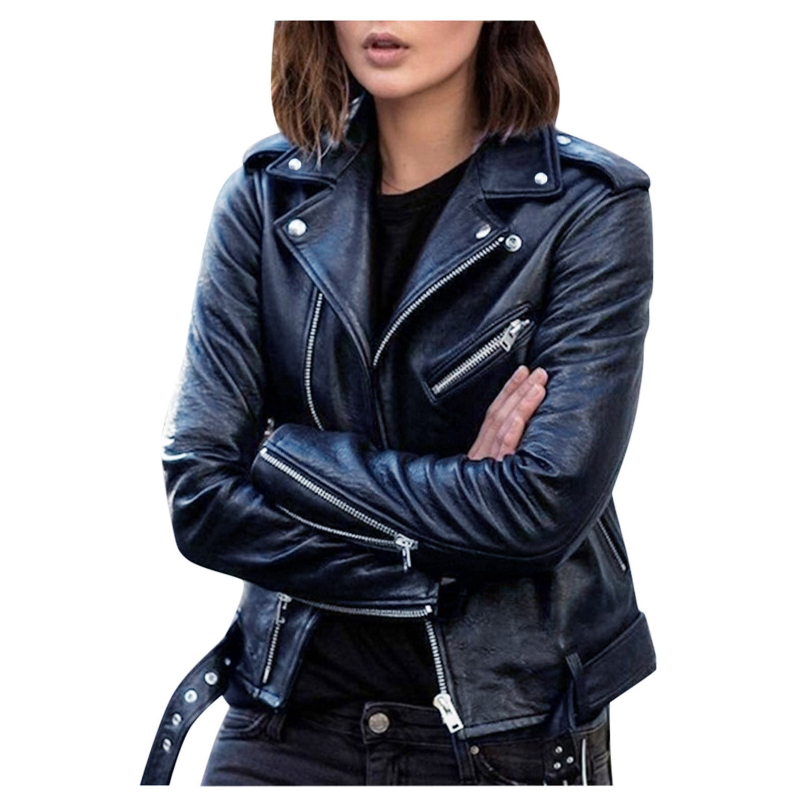 VEKDONE Cropped Jackets for Women 2026 Trendy Leather Long Sleeve Coat Casual Zipper Button Lapel Jacket with Pockets Outdoor Moto Small Outwear Black M