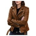 thumbnail image 1 of VEKDONE Cropped Jackets for Women 2026 Trendy Faux Leather Long Sleeve Coat Casual Zipper Button Lapel Jacket with Pockets Outdoor Moto Small Outwear Bown XXXXL, 1 of 5
