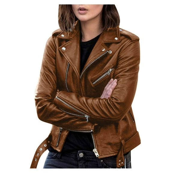 VEKDONE Cropped Jackets for Women 2026 Trendy Leather Long Sleeve Coat Casual Zipper Button Lapel Jacket with Pockets Outdoor Moto Small Outwear Bown M