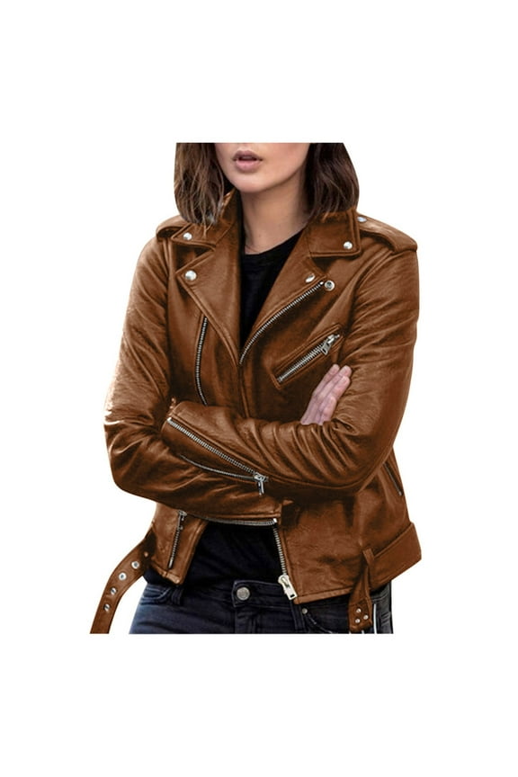 Cropped Jackets for Women 2026 Trendy Faux Leather Long Sleeve Coat Casual Zipper Button Lapel Jacket with Pockets Outdoor Moto Small Outwear Bown XXXL