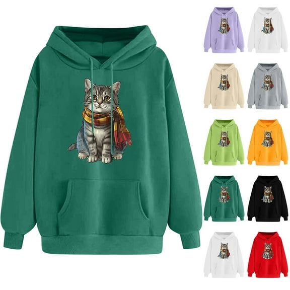 VEKDONE Cute Cat Graphic Hoodies for Women Fall Long Sleeve Thin Fleece Hooded Sweatshirts Casual Loose Fit Lightweight Pullover Sweatshirt with Pockets